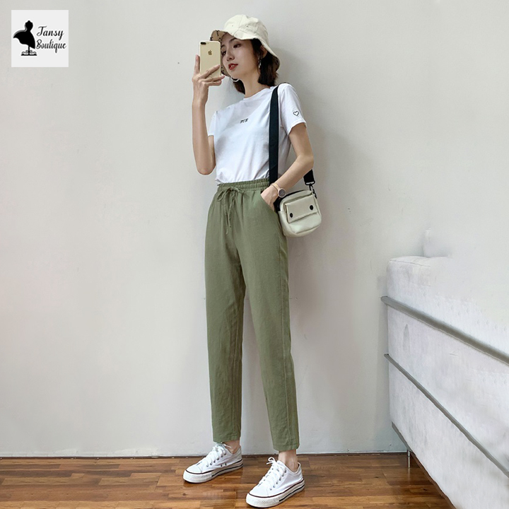 Quần baggy nữ vải đũi xước Hàn mặc cực mát