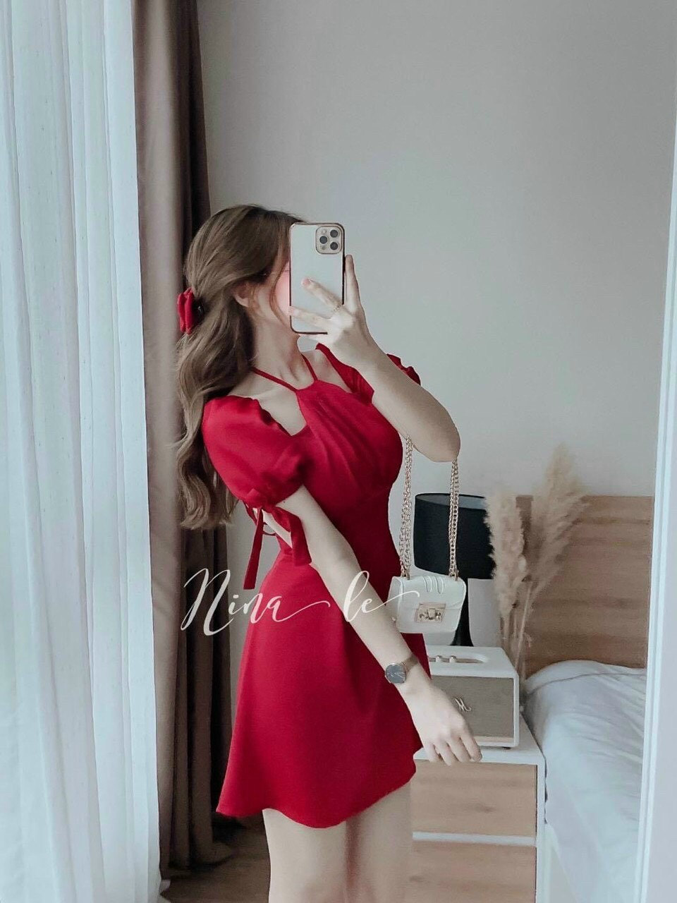 Đầm Cổ Yếm Tay Cột Nơ (có mút ngực)