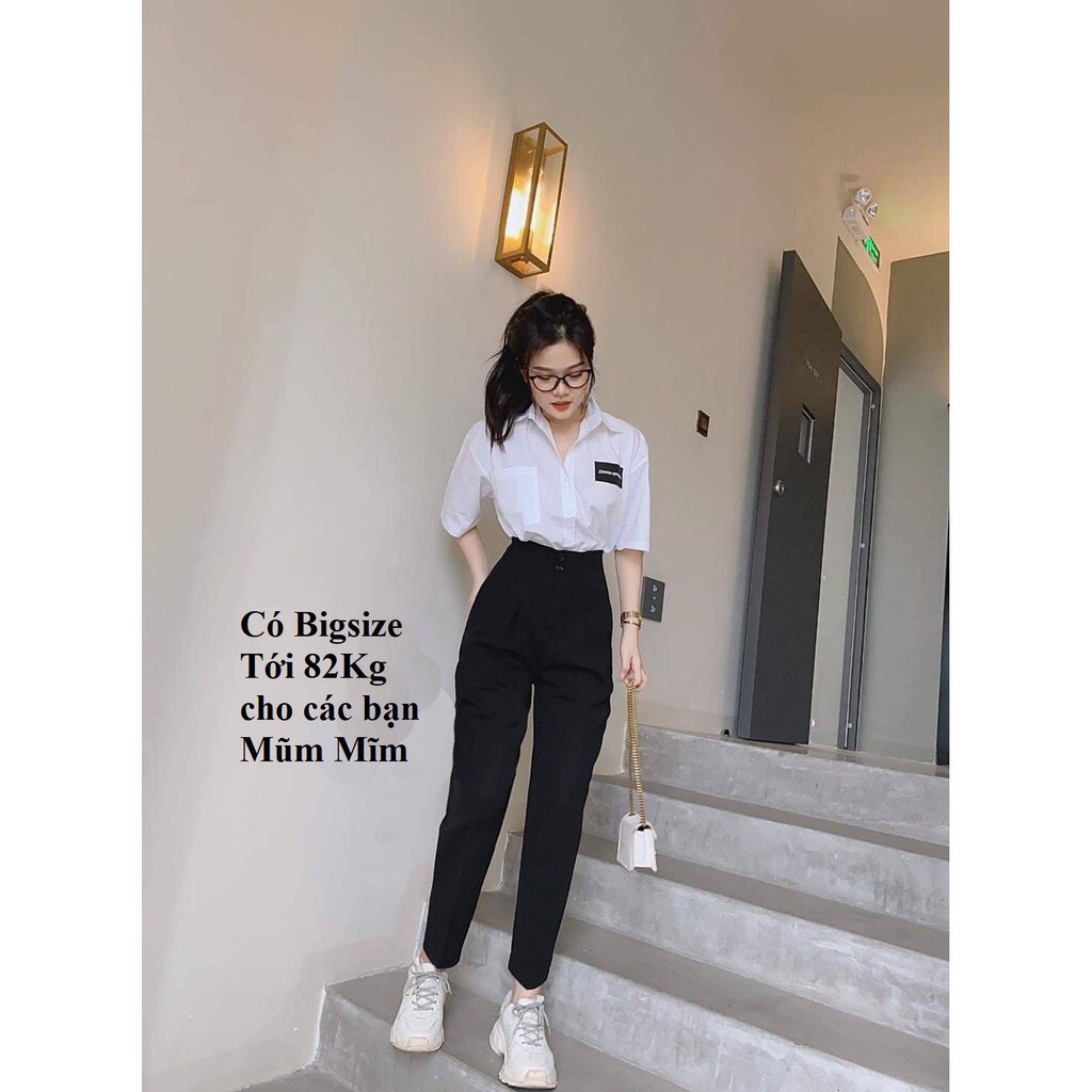 Quần tây nữ lưng cao đi học cạp liền 2 cúc cài Omizon dáng quần vải baggy nữ học sinh cấp 3 dày co giãn nhẹ đi học làm công sở