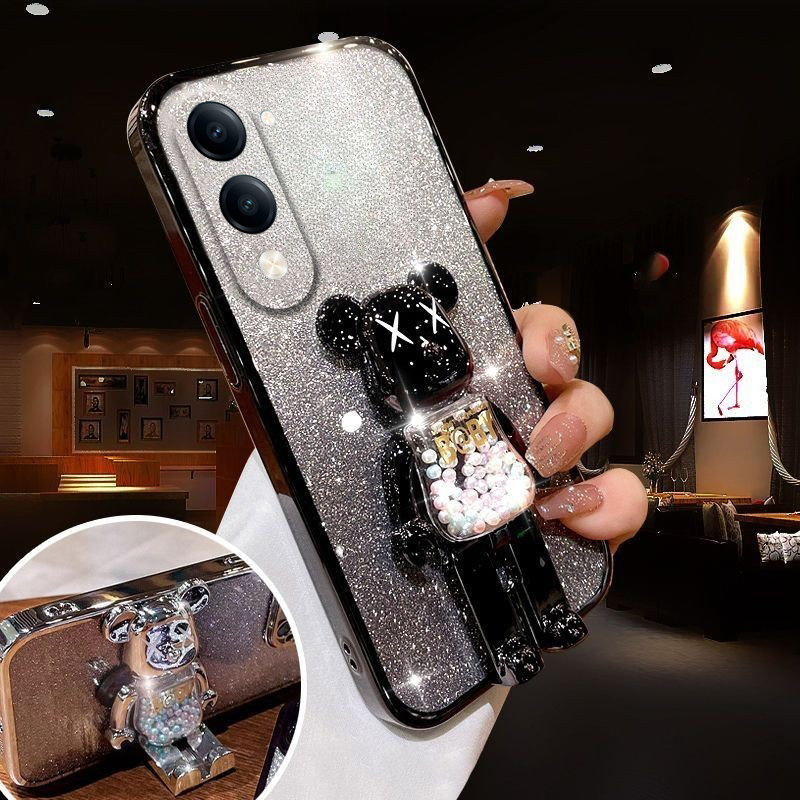 For Vivo Y04 Y29S Case with Cartoon 3D Bear Stand Luxury Slim Gradient Plating Glitter Girls Stylish For Vivo Y29S Y04 Back Cover. 
