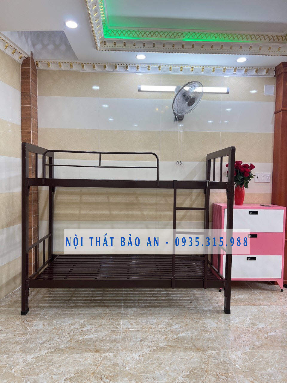 Giường sắt hai tầng hộp nâu cao cấp kích thước 1m x 2m BẢO AN