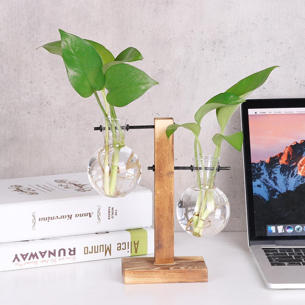 แก้วสไตล์วินเทจ Bonsai แจกันดอกไม้ถาดไม้ที่แขวนดอกไม้ตกแต่งเค้กผลิตภัณฑ์ตกแต่งบนโต๊ะ สี Vase D（no frame） สี Vase D（no frame）