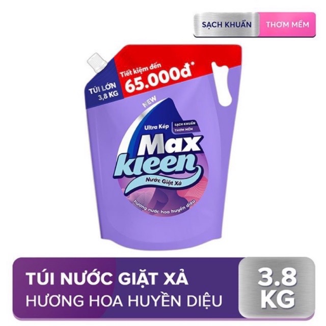 (HCM) NƯỚC GIẶT XẢ MAX KLEEN TÚI 3.8L (3 HƯƠNG)