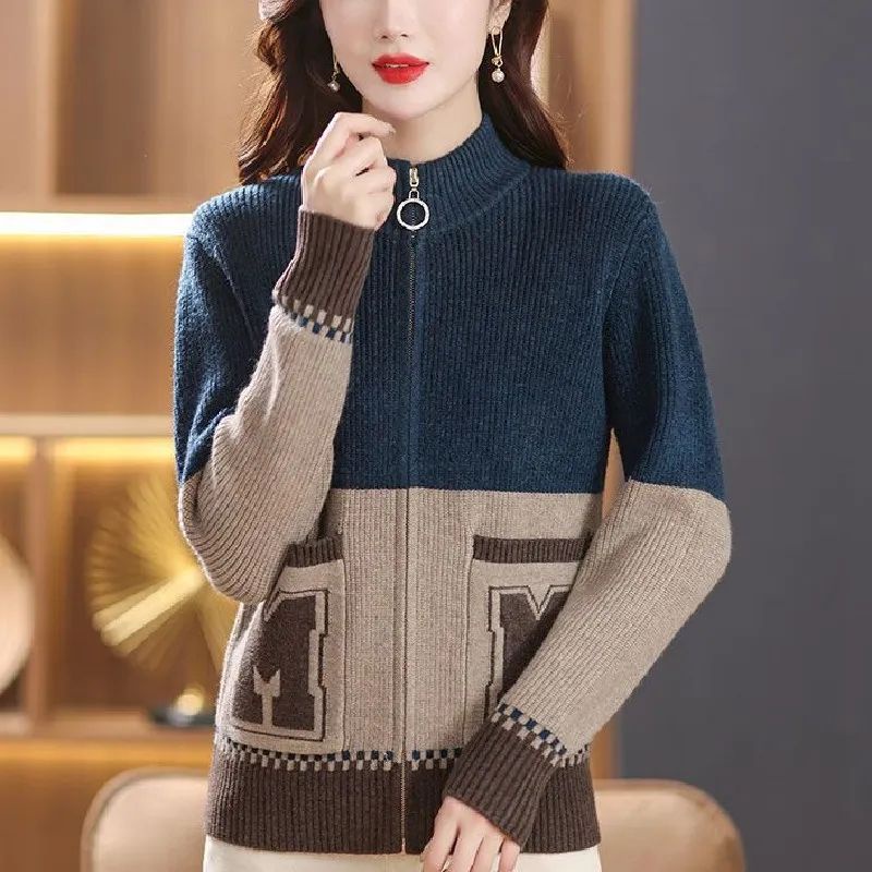 Áo Khoác cardigan Dệt Kim Cổ Đứng Phối Khóa Kéo Thời Trang Thu Đông