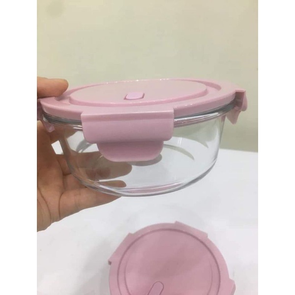 Thố thủy tinh chữ nhật  chia ngăn 1000ml nắp hồng