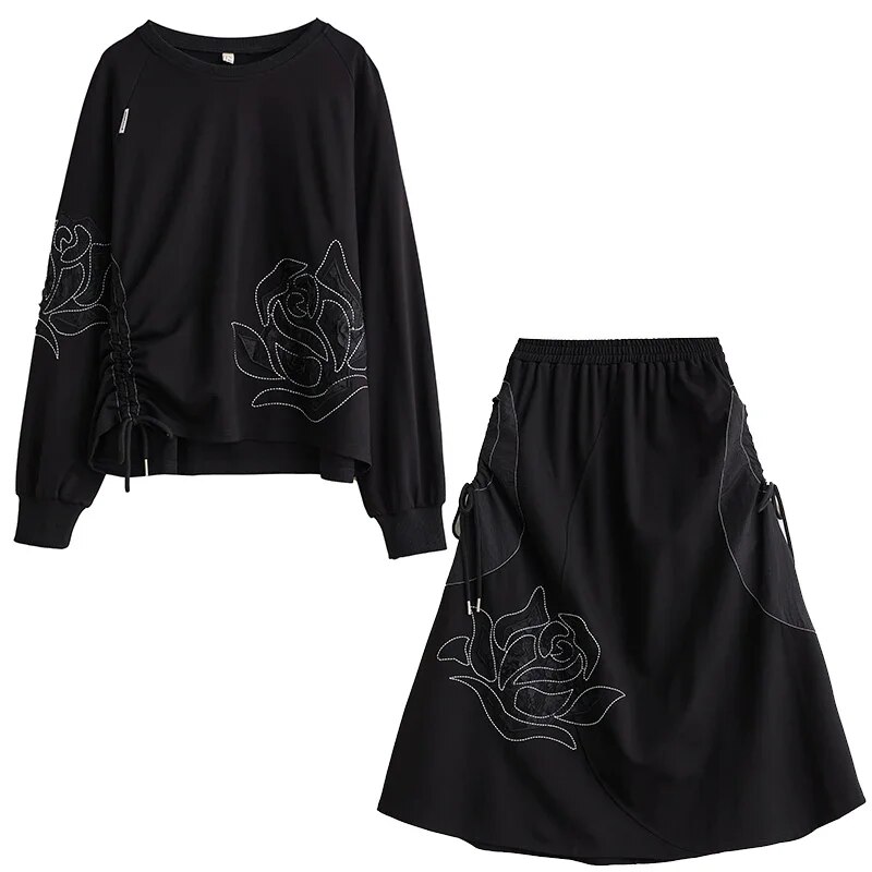 XITAO Casual Black Dress Sets Loose Top Skirt Two Pieces Sets Asymmetrical Draw String Patchwork Decoration DMJ3107