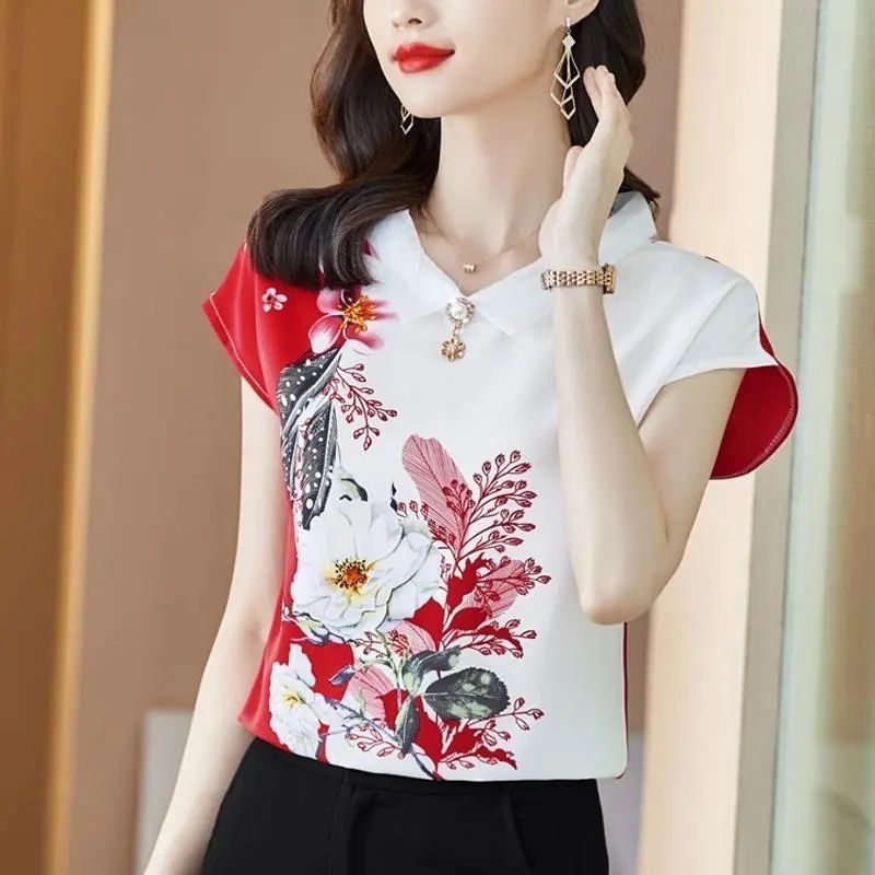 New High-end Ice Silk Top Women's Chiffon Shirt Short-sleeved Western Style T-shirt Loosen Versatile Women's Clothing