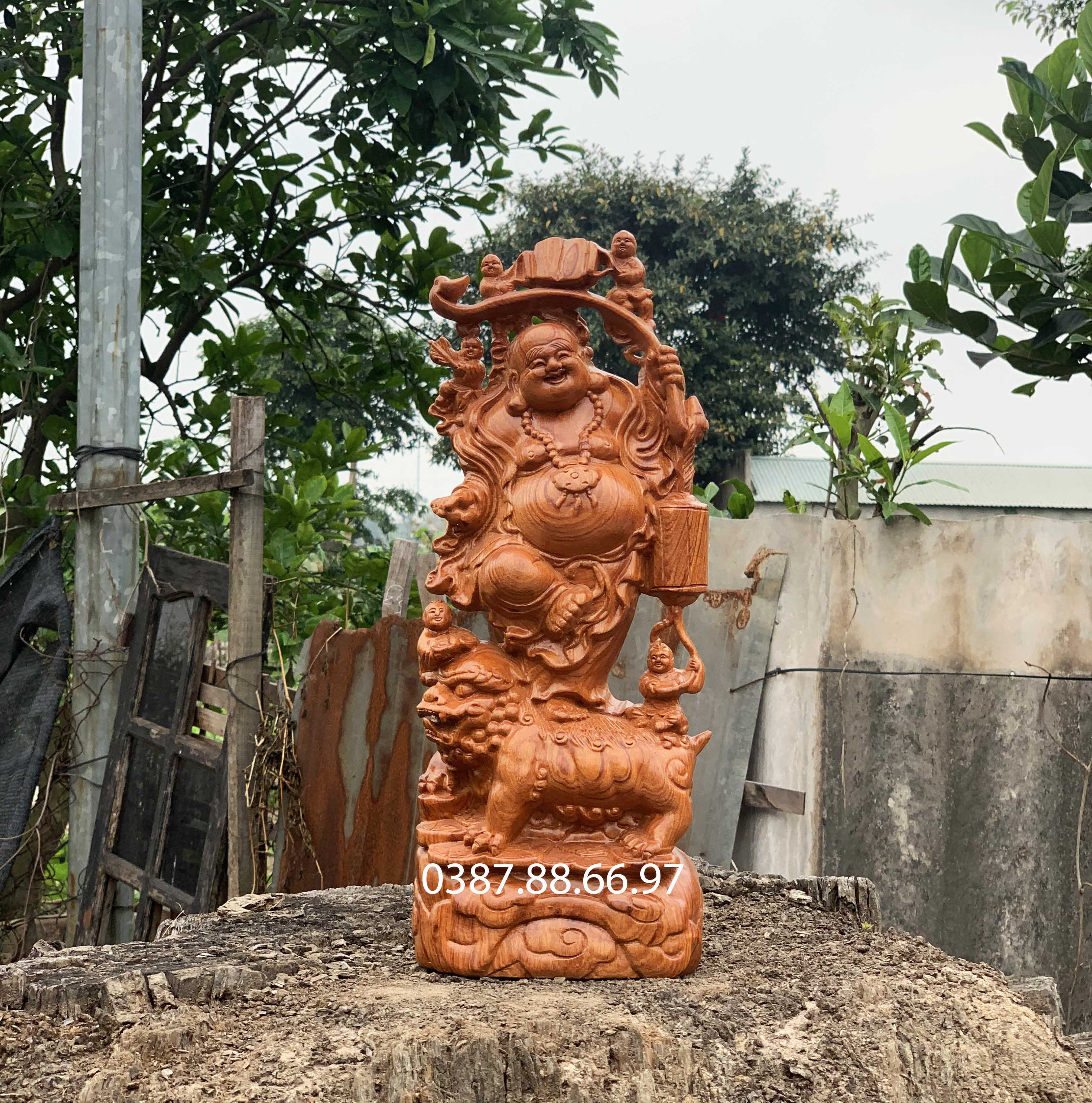 Tượng phật di lặc ngũ phúc cưỡi nghê cao 40 50 60cm gỗ hương cực đẹp