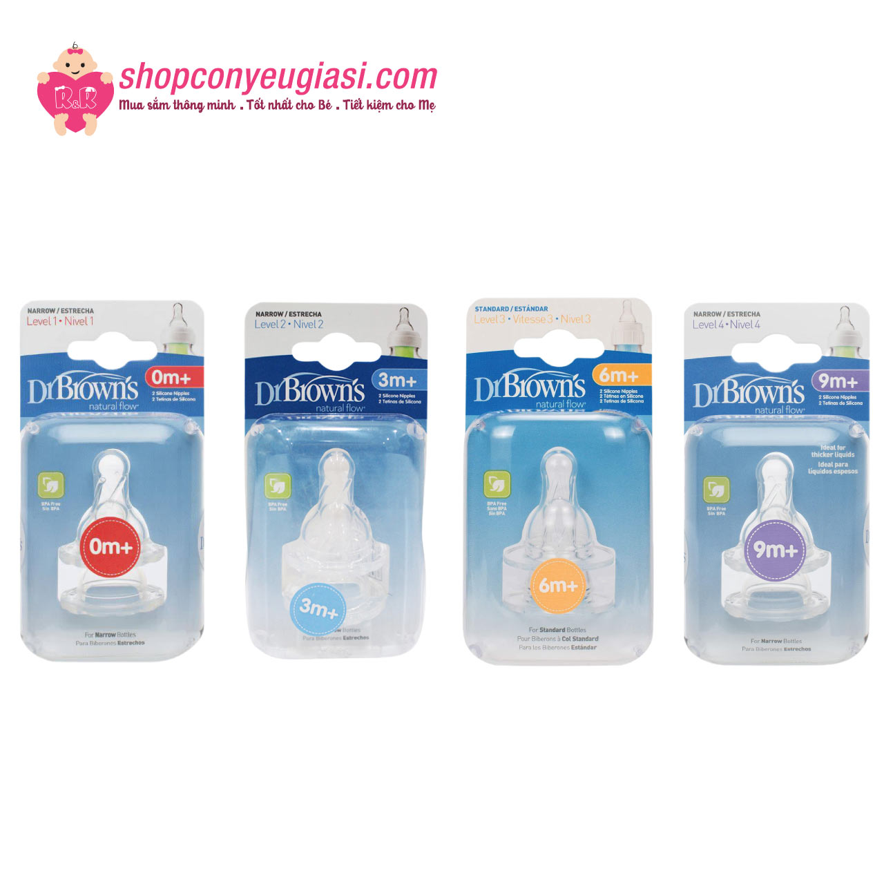 Hộp 2 núm ty Dr.Brown's cổ hẹp số 1, 2, 3, 4