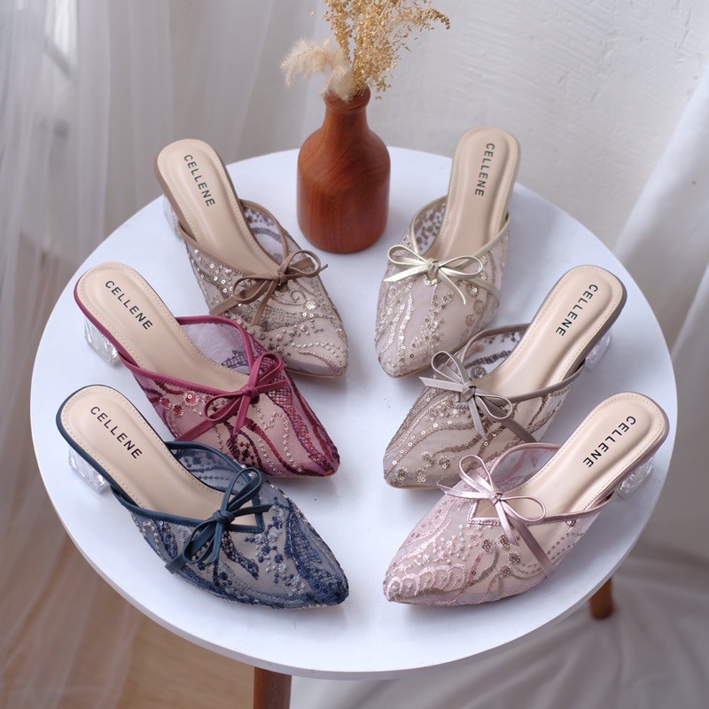 CELLENE] CANBERRY Clear Heels wedding shoes 5cm hak kaca brukat