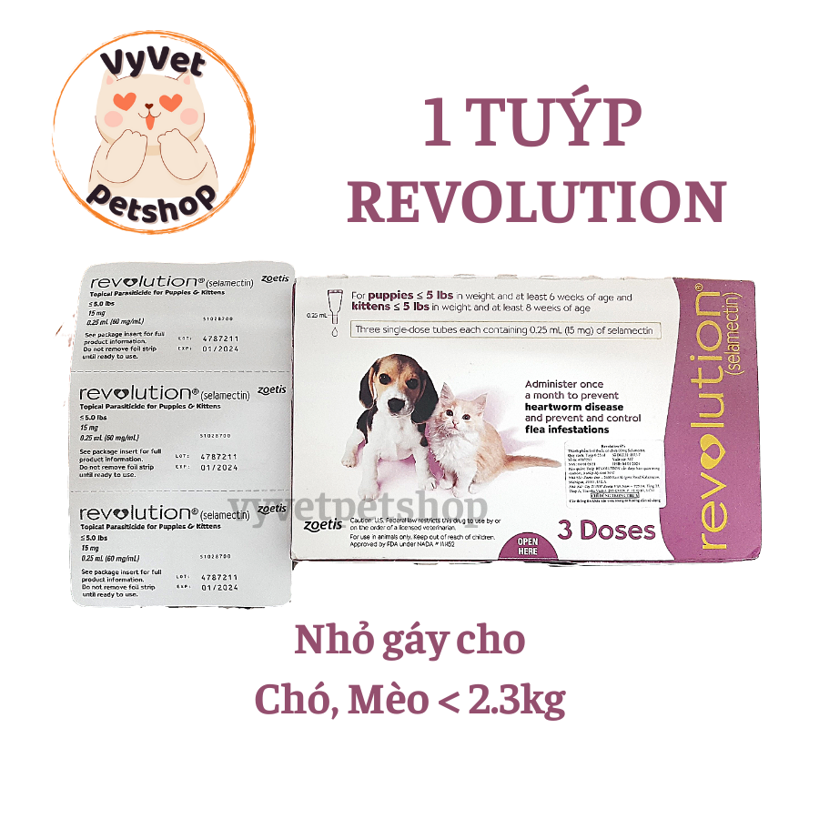 [1 tuýp] REVOLUTION nhỏ gáy tri ve, rận, giun cho chó mèo < 2.3kg