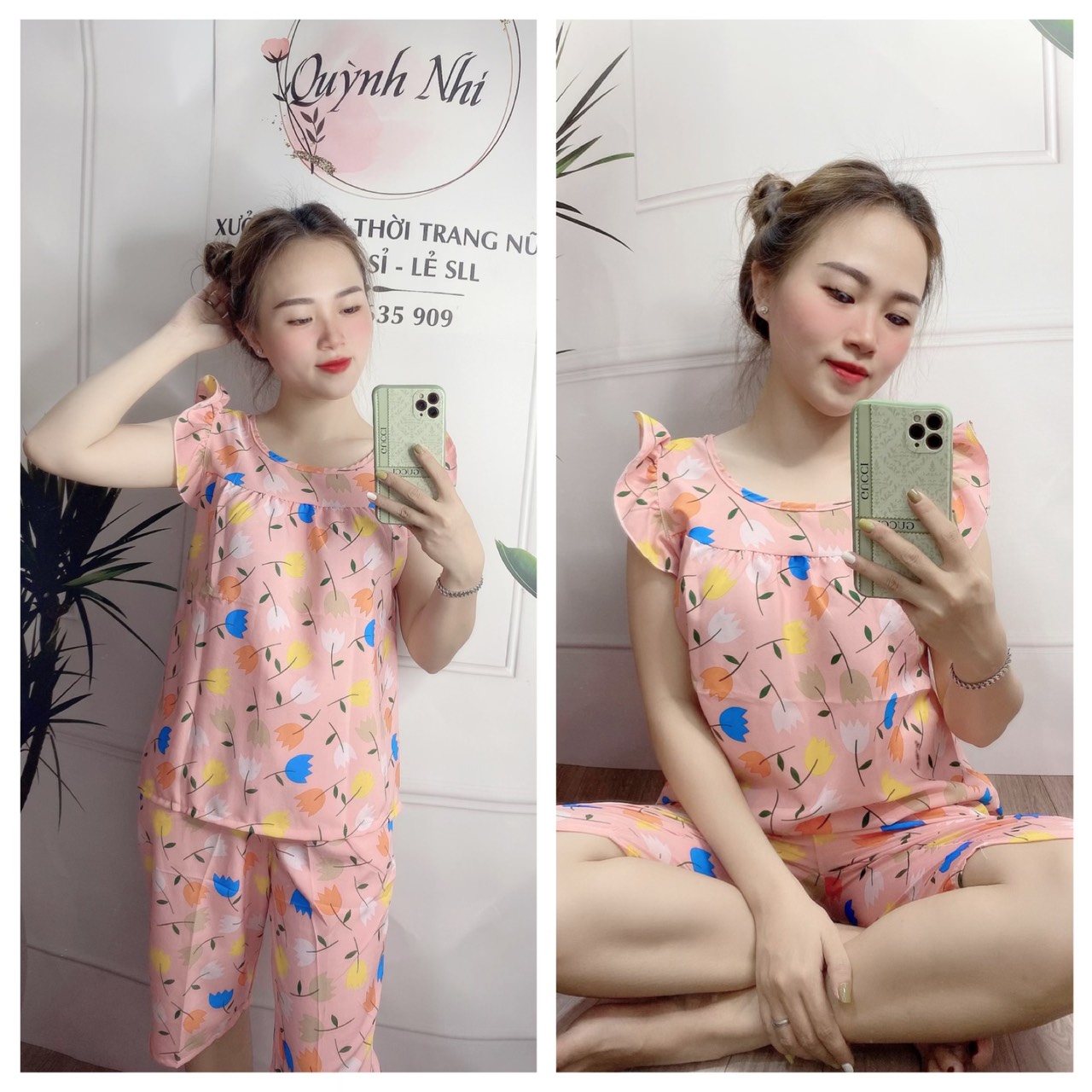 ĐỒ BỘ LỤA LỬNG MẶC NHÀ DỄ THƯƠNG HỌA TIẾT HOA TULIP (ẢNH THẬT) CÓ SIZE 40-75KG - LUA30