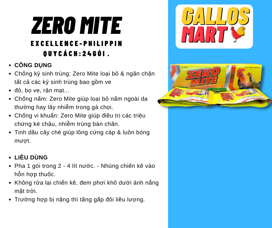 ZERO MITE TẮM GÀ DIỆT MẠT CHO GÀ ĐÁ 2 GÓI