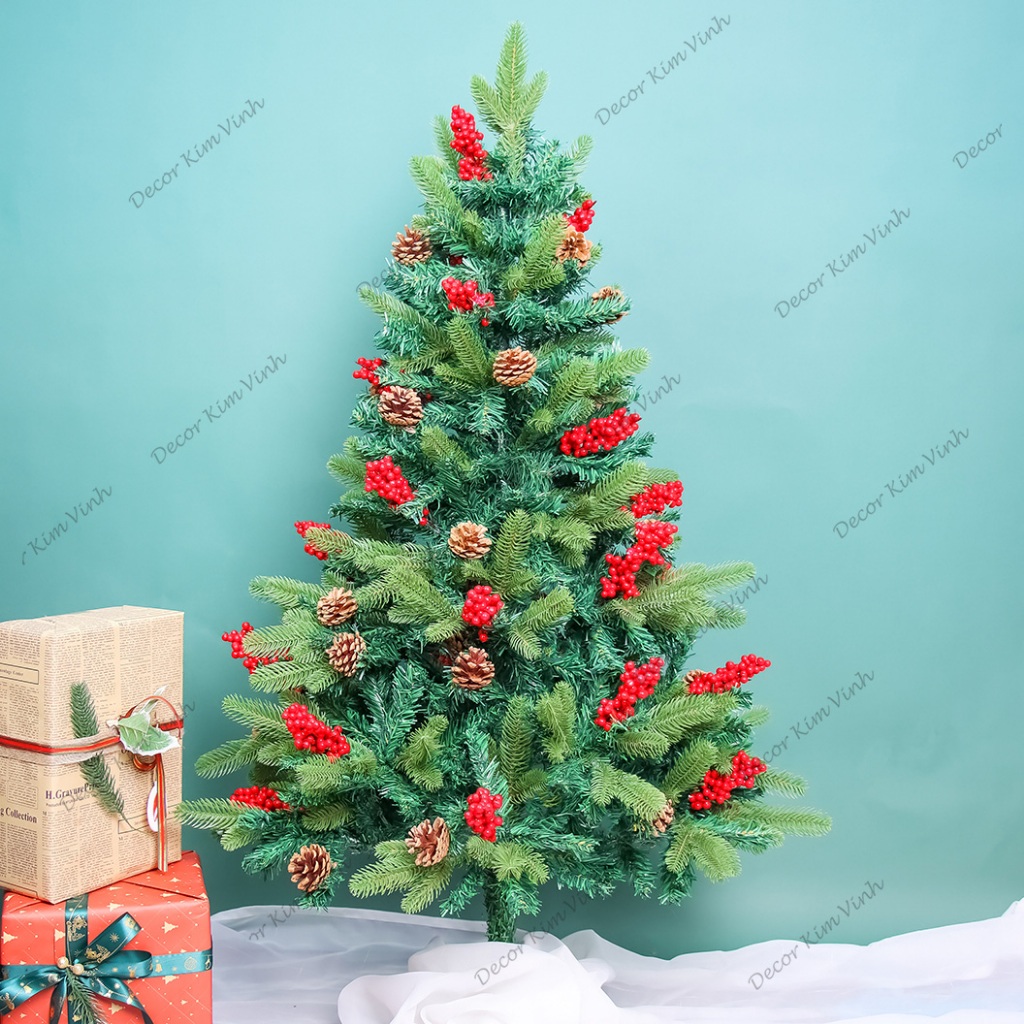 Cây thông c8 cao 3 mét lá pe gắn trái đỏ loại tán dày rậm cây thông trang trí noel