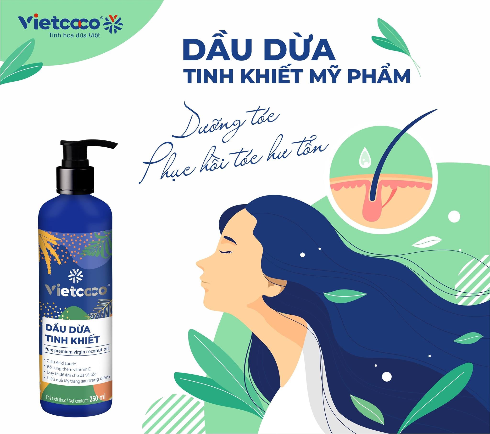 Dầu dừa dưỡng tóc dưỡng da Vietcoco chai vòi 250ml
