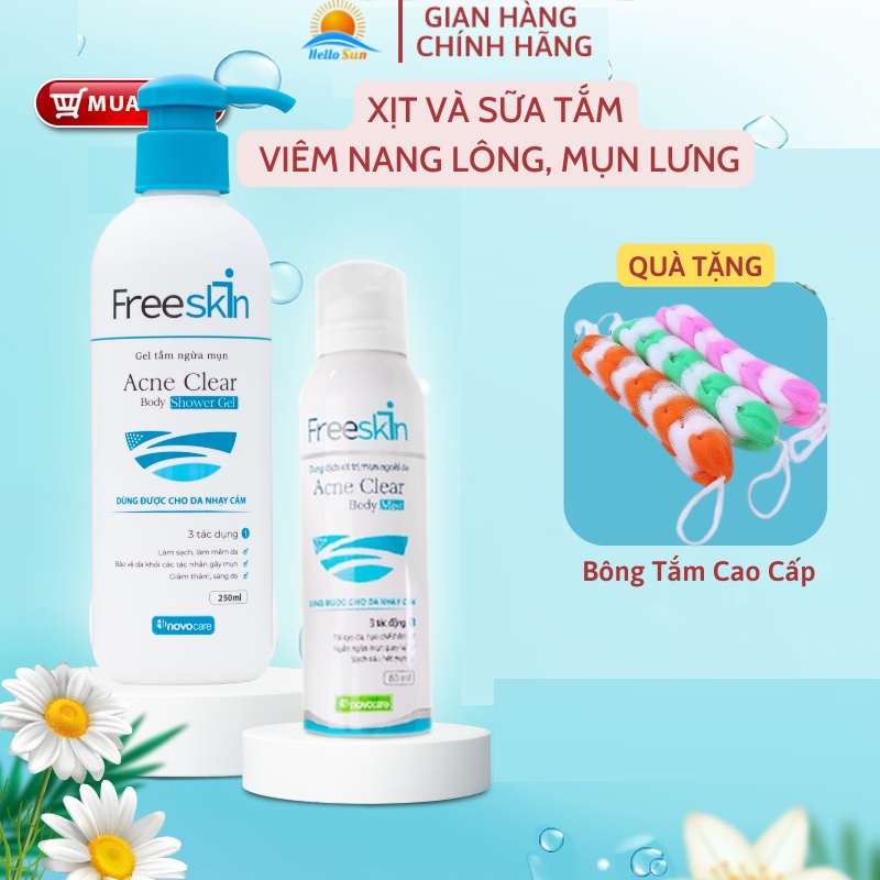 Combo viêm nang lông, mụn lưng freeskin, xịt và sữa tắm giảm viêm nang lông, mụn lưng, mờ thâm- shop hello sun