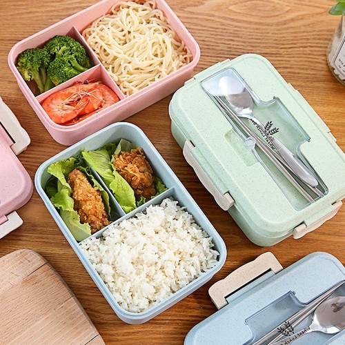 Hộp đựng cơm lúa mạch 3 ngăn tặng kèm muỗng đũa inox