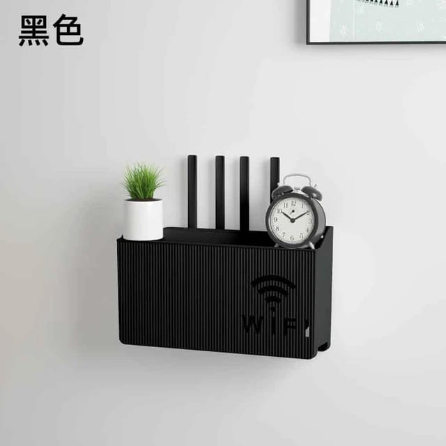 (Black) Wall-Mounted Router Box - WiFi Storage Shelf for Office, Home, Media Decor Console - Wireless Rack Bracket for Router, Modem, TV Box & Electronics Organizer. 