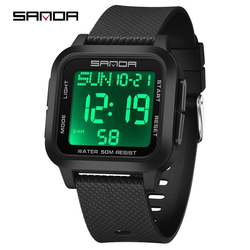 Sanda Square Solid Color Watch Retro Trendy Night Light Waterproof Electronic Men's Watch SD2194-4.