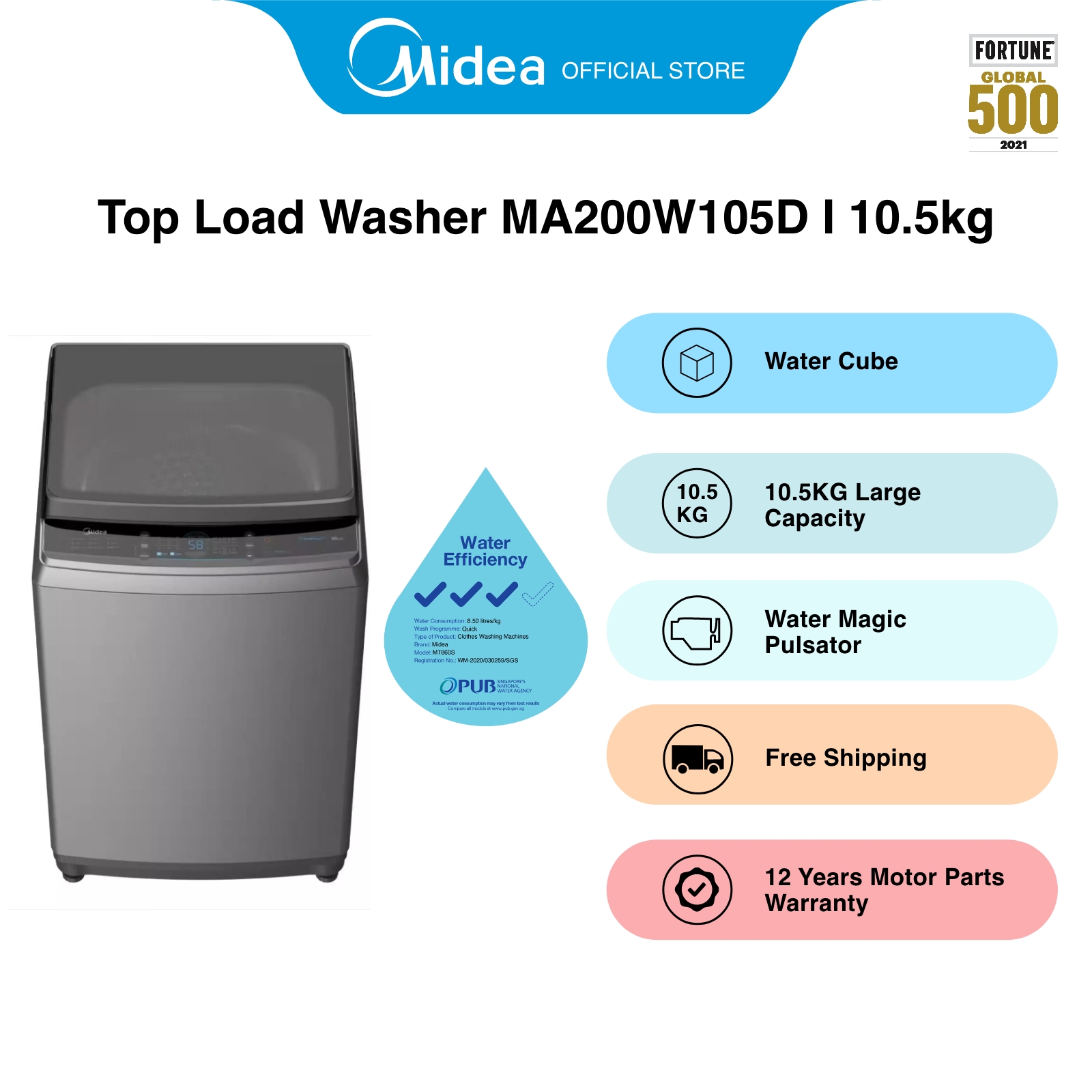 [Bulky] Midea MA200W105D Grey Top Load Washing Machine, 10.5kg, Water