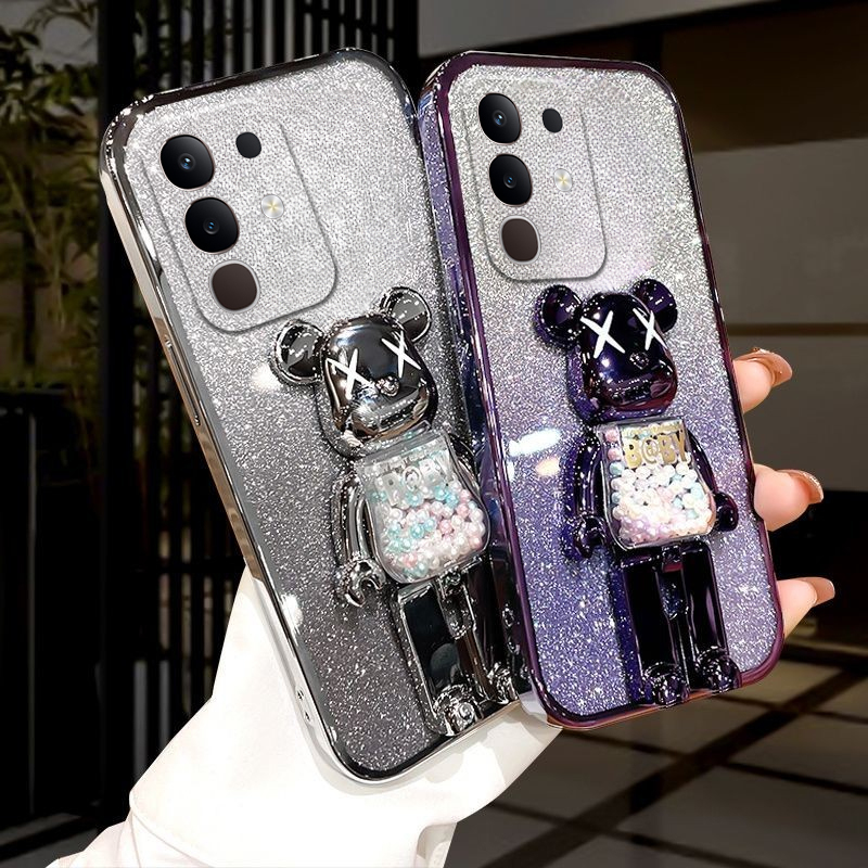 Phone cover Vivo Y29 4G Back Case with Cartoon 3D Bear Stand Luxury Slim Gradient Plating Glitter Girls Stylish For Vivo Y29 4G Phone cases.
