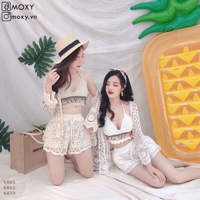 Ren 11-set bộ bơi bikini ren đi biển phong cách vintage dễ thương