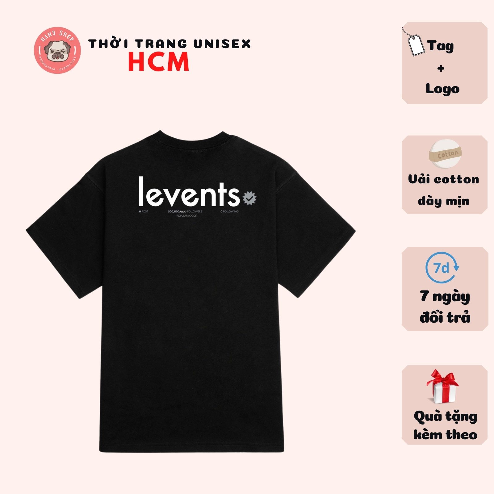 Áo thun Lenvents Popular Logo màu đen form rộng tay lỡ full tag