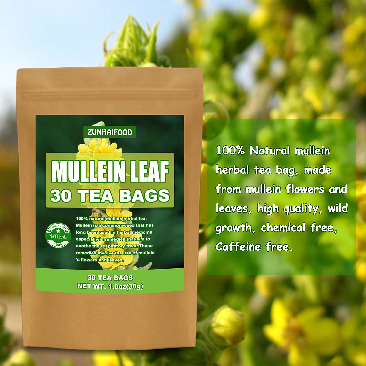 Mullein Leaf Tea Bags, 30 Teabags, Natural Mullein Herbal Tea. 