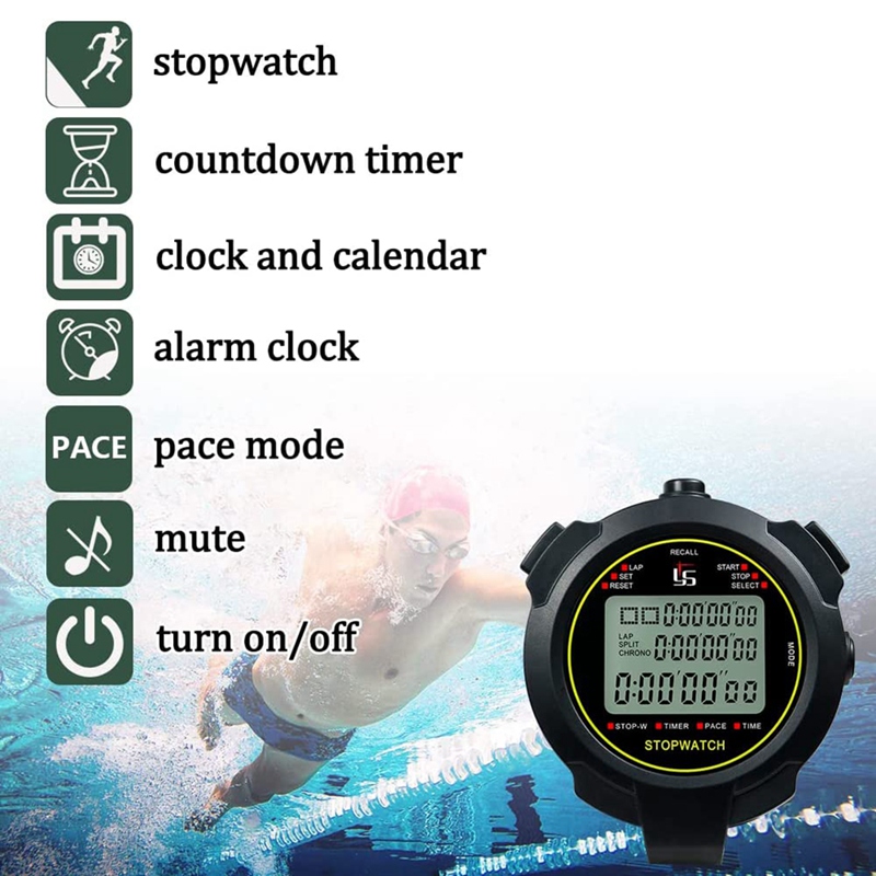 Digital Sports Stopwatch, 10Lap /Split Memory Stopwatch Count Down Timer, Large Display Waterproof 12/24 Hour Clock