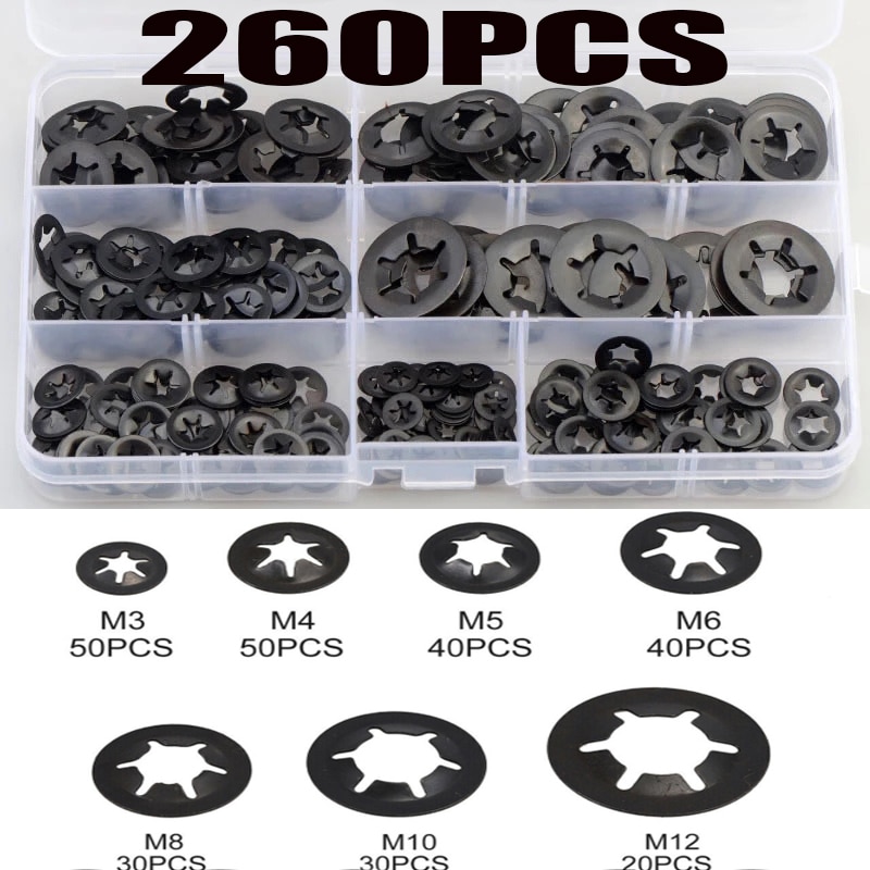Yingke 260pcs m3 m4 m5 m6 m8 m10 m12 push-on locking washers star nut metal quick speed star nut locking fastener assorted kit