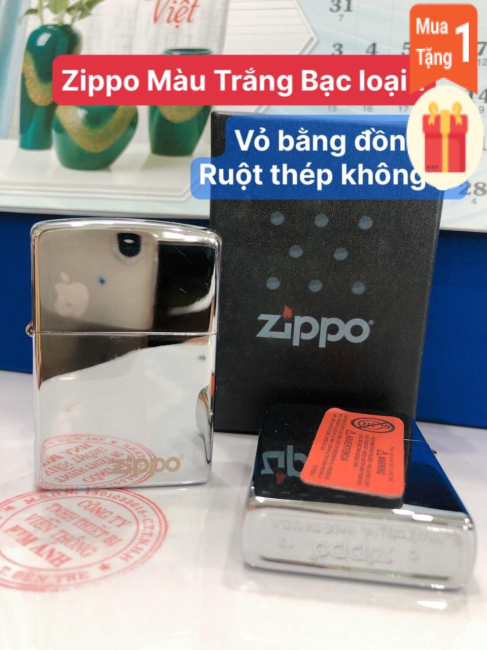 Bật lửa, hộp quẹt Zippo Màu Trắng Bạc Loại Trơn Bóng, Hàng loại 1 Vỏ bằng đồng, có tem đỏ ( Không xăng)