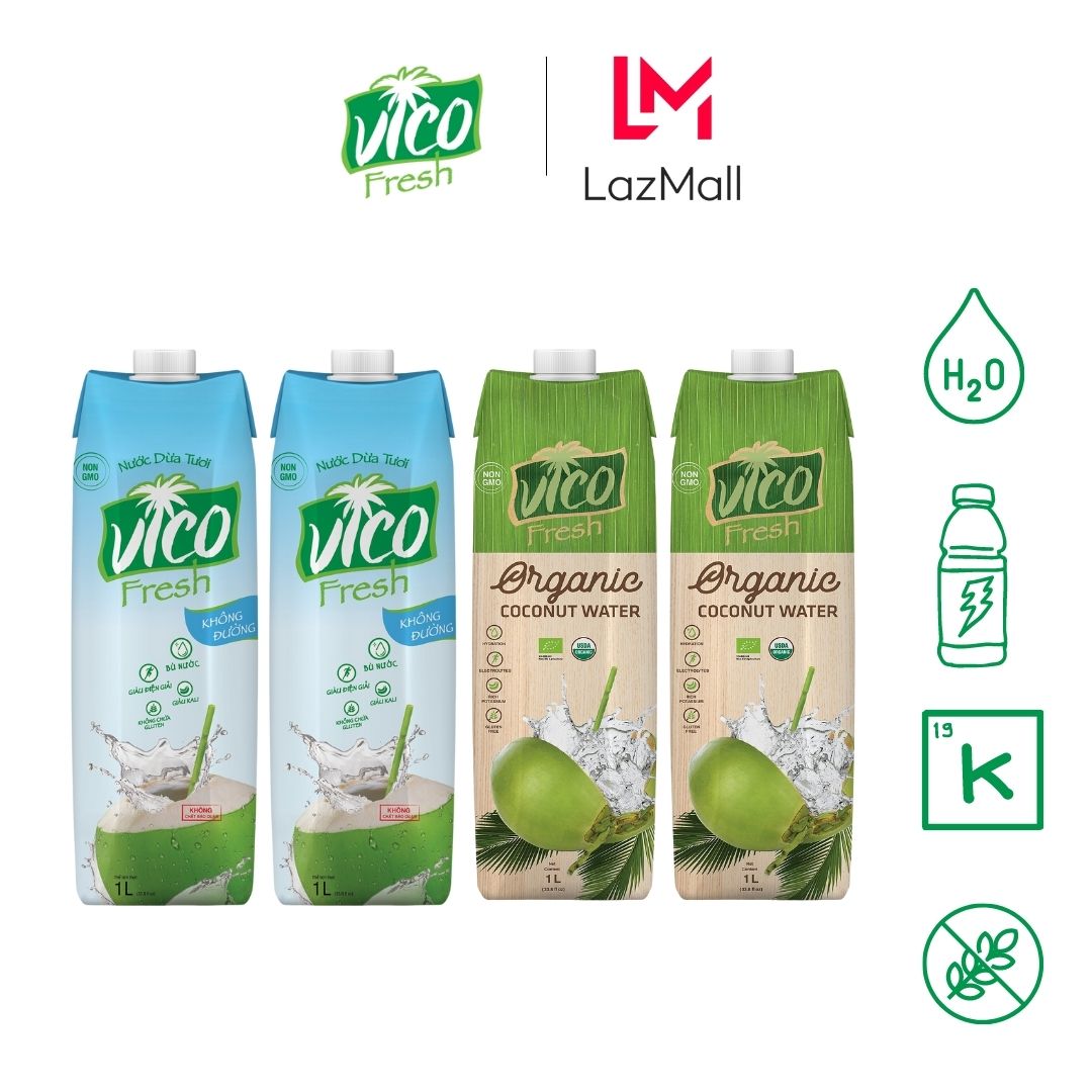 Combo 4 hộp nước dừa Vico Fresh 1L 2 Natural, 2 Organic - Không Đường Ngọt