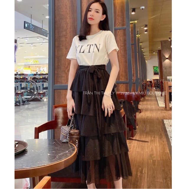 Chân váy 5 tầng dài , có dây thắt nơ