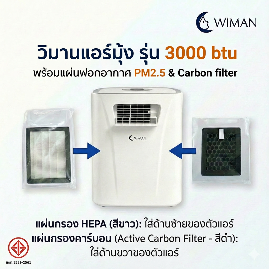 วิมานแอร์ 3000 บีทียู + ชุดแผ่นกรองอากาศ แอร์เคลื่อนที่ มีกรอง PM2.5 กำลังไฟ 360 วัตต์ 1.6 แอมป์ วิมานแอร์มีระบทำความสะอาด ไม่ต้องเทน้ำทิ้ง