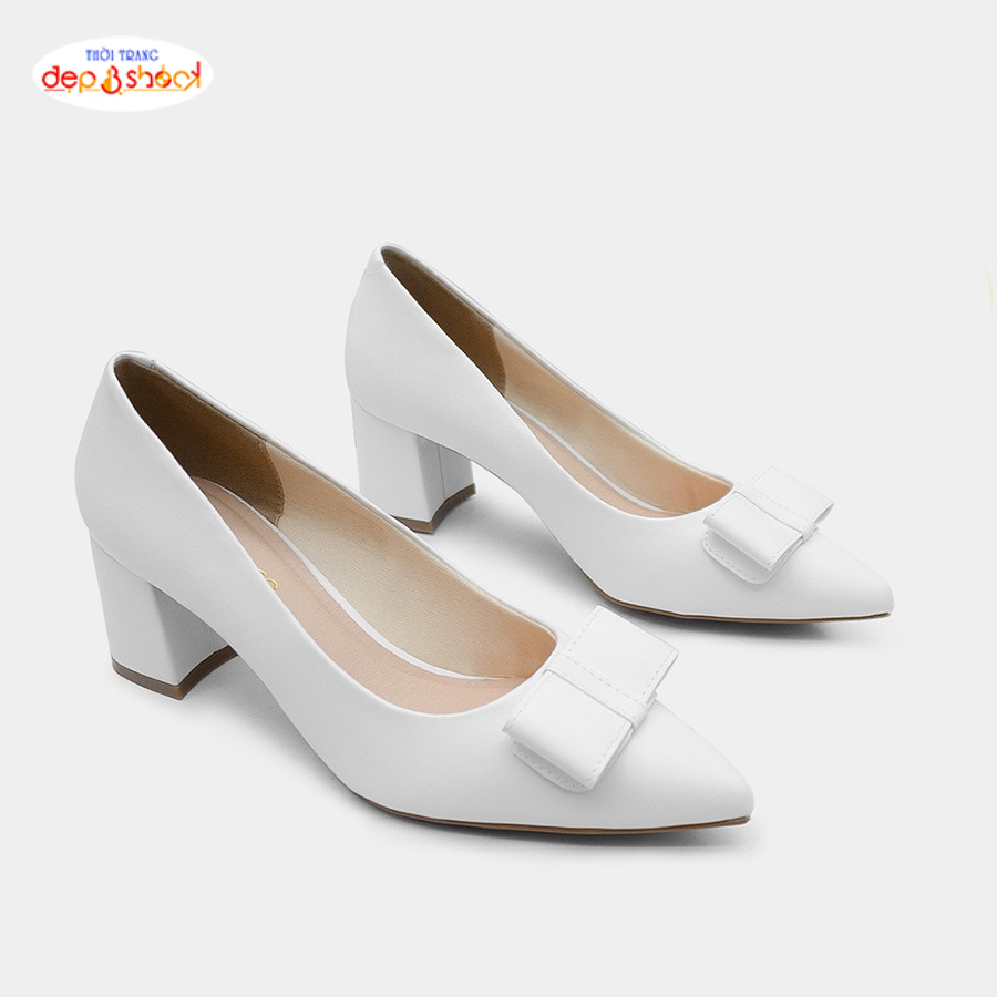 Giày cao gót phối nơ gót vuông 5 phân Big Size 42 43 Thời trang Depvashock MS H11