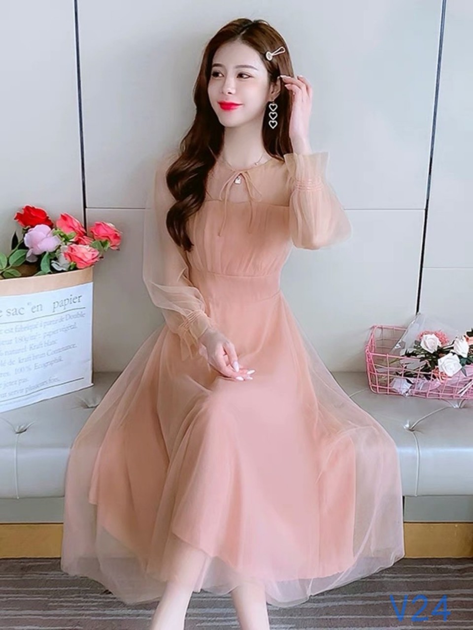 đầm hồng vải lụa tơ tiểu thư xinh lung linh ld22