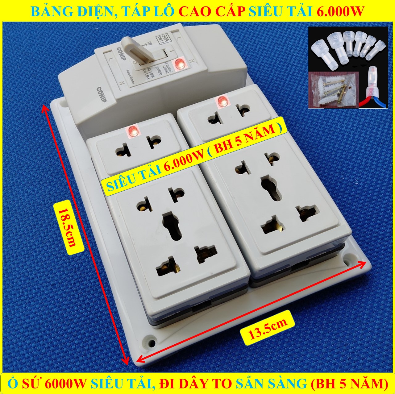 Bảng điện TỔNG 6000W SIÊU CHỊU TẢI (BH 5 NĂM) + 2 Ổ cắm SỨ SIÊU TẢI 6000W CÓ lò xo chống giãn + ĐÃ ĐI DÂY TO sẵn sàng + Bộ vít lắp đặt (bộ 1 sp)