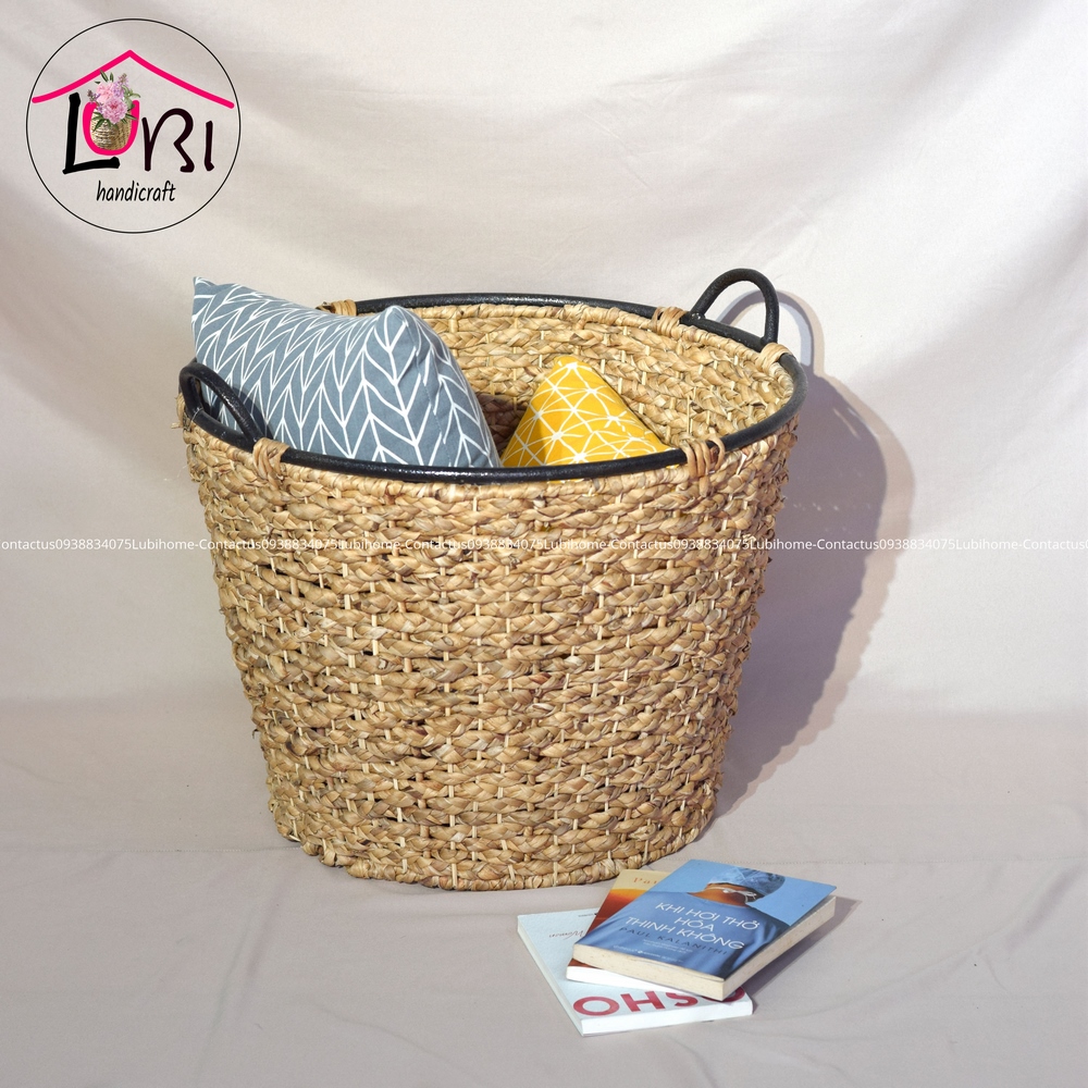 Round water hyacinth baskets with vintage iron handles