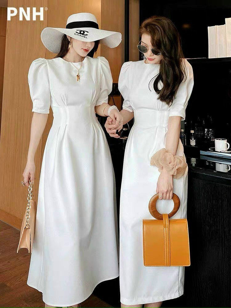 Đầm Midi cổ tròn chít eo 2 dáng váy