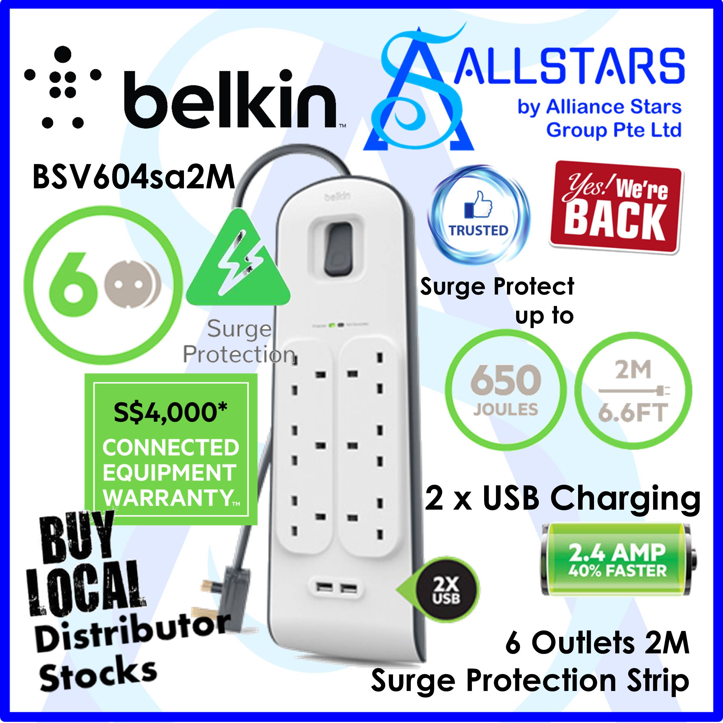 ALLSTARS : We Are Back Promo) BELKIN BSV604 / BSV604SA2M 6 Outlets 2M Surge  Protection Strip with 2 USB Ports Charging / 2.4A / Surge / Spike  Protection / Protect your equipment (Warranty 2years with BanLeong) |  Lazada Singapore