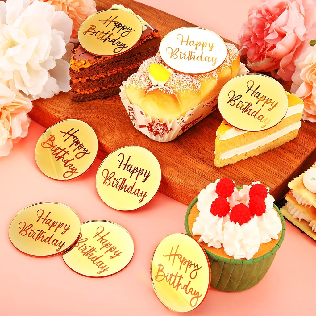 Acrylic Cupcake Toppers Happy Birthday Cake Disc Mirror Acrylic Cake ...