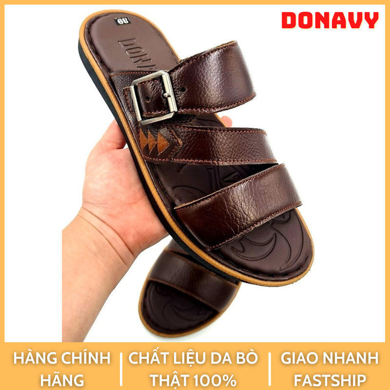 Dép quai ngang nam da bò 100%, 03 quai đính khuy cách điệu, khâu quai chắc chắn d,3ql