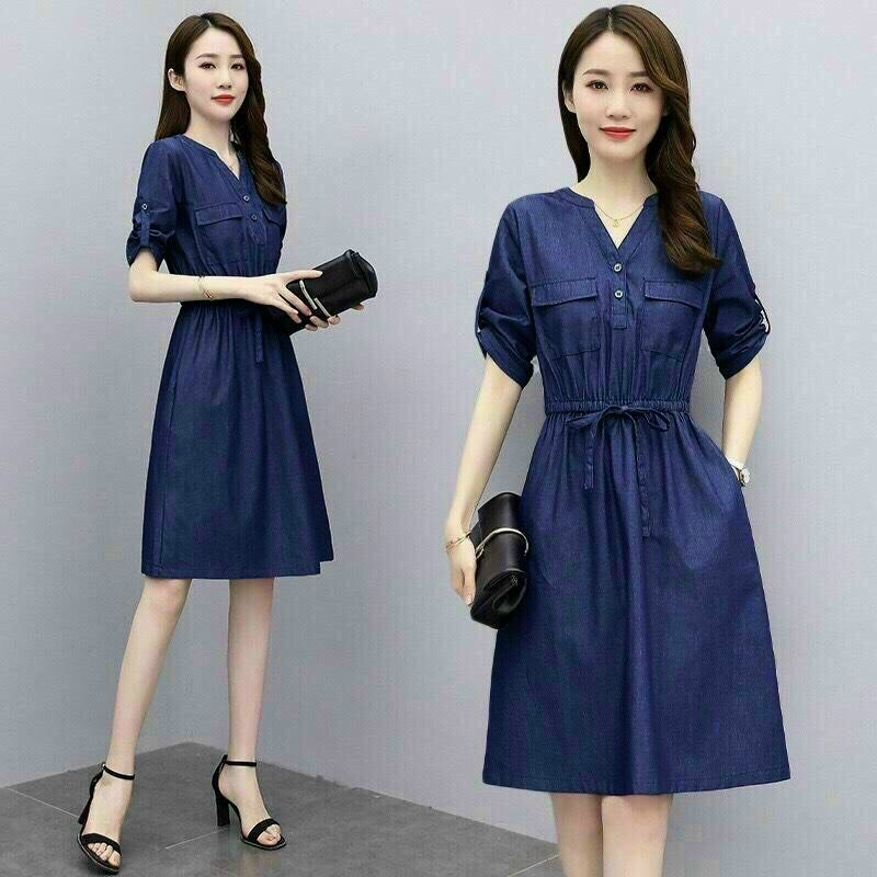 Đầm váy jean xòe dây rút eo cổ v