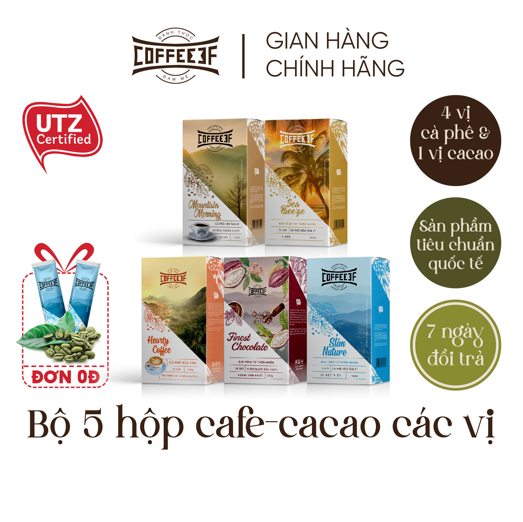 Combo 5 vị cà phê và cacao hoà tan (5 hộp x 10 gói/hộp) - Coffee 3F