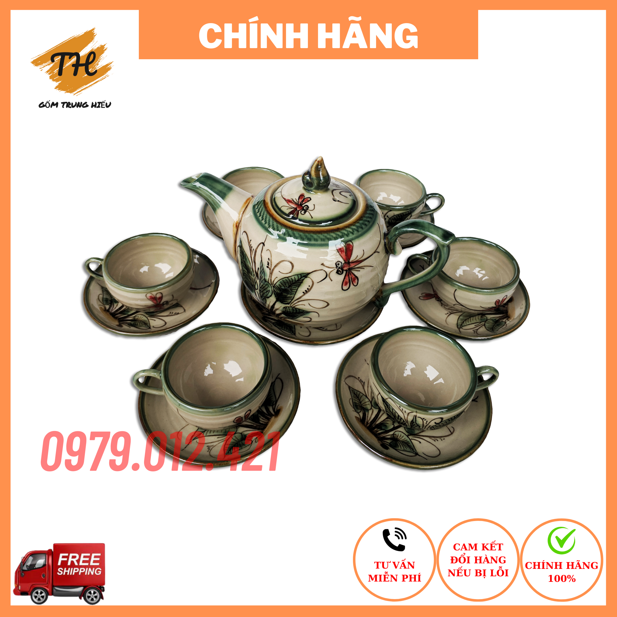 Bộ ấm chén Bát Tràng men bóng vẽ Chuồn khoai