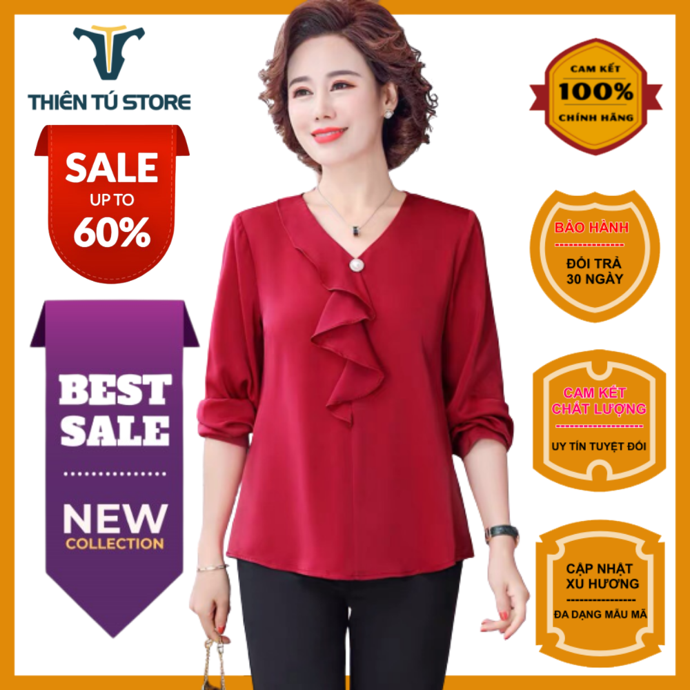 Áo sơ mi nữ trung niên u40 u50 sang trọng Thiên Tú Store dáng suông dài tay cổ chữ V chất liệu voan mịn mềm mại kích thước bigsize nhiều màuLz.01409