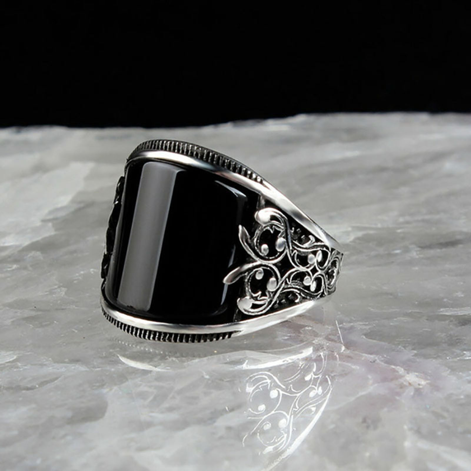 Swowski Finger Ring Baking Varnish Reliefs Unisex Usage Flower Black Broadside Jewelry Ring