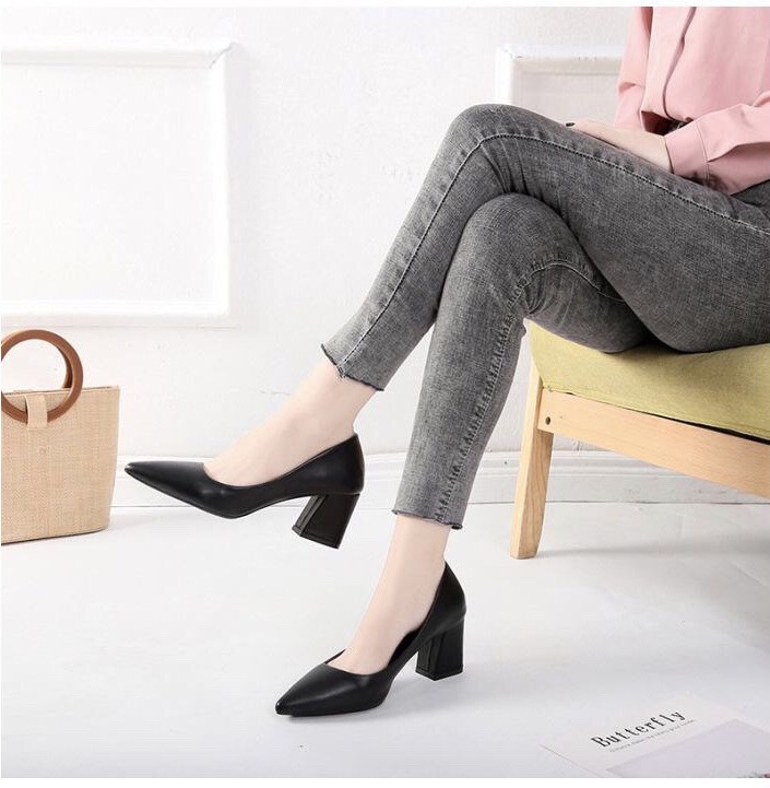Giày cao gót vuông 7 phân công sở da mềm