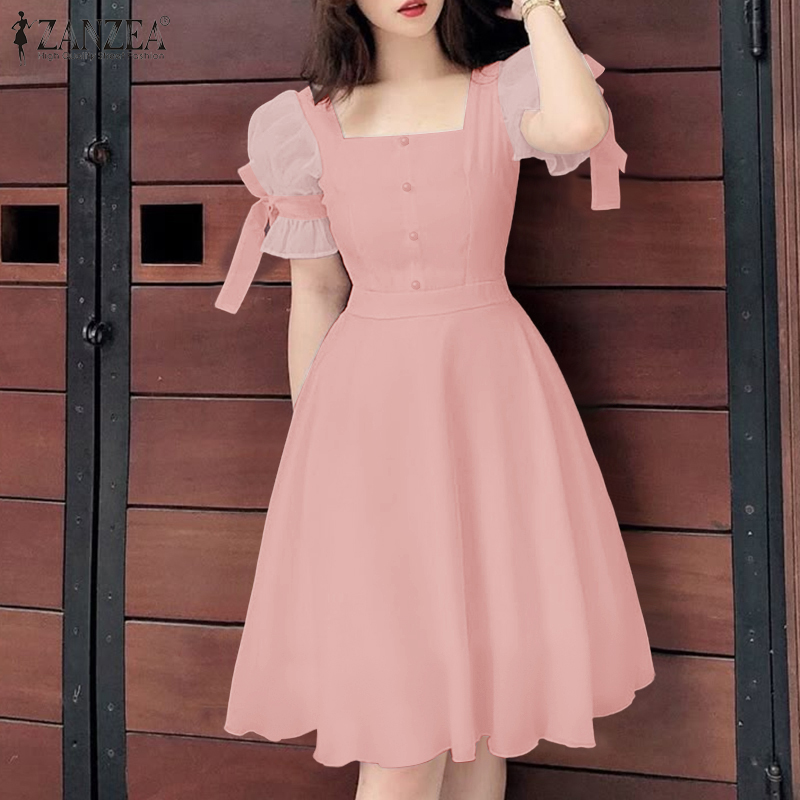 Korean Pink Cute Outfits ZANZEA Women Elegant Square Neck Short Sleeve  Dresses Solid Color A-Line