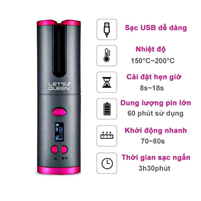 (BẢO HÀNH 1 NĂM ) Máy làm tóc LET’S QUEEN, Máy uốn tóc tự quay Hàn Quốc chính hãng S100